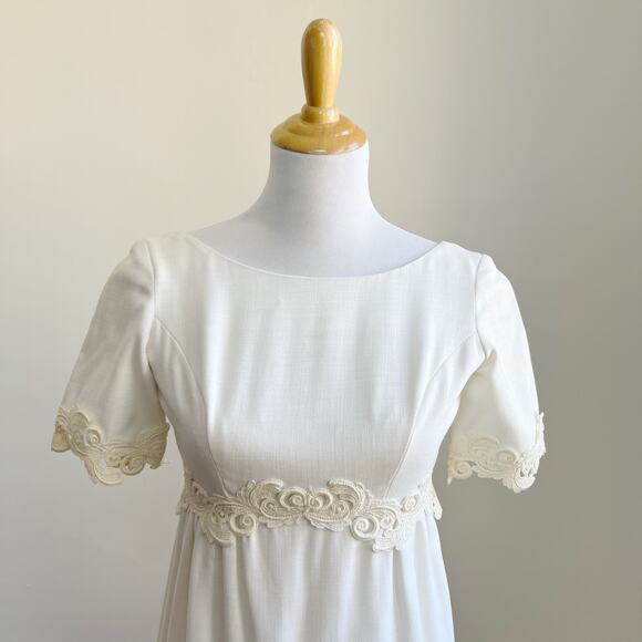 Vintage 60s Linen Wedding Dress Murray Hamburger ILGWU Lace Trim Gown Train 2 - Picture 4 of 16